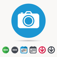 Camera icon. Professional photocamera symbol. Calendar, download arrow and new tag signs. Colored flat web icons. Vector