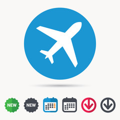 Plane icon. Flight transport symbol. Calendar, download arrow and new tag signs. Colored flat web icons. Vector