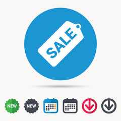 Sale coupon icon. Special offer tag symbol. Calendar, download arrow and new tag signs. Colored flat web icons. Vector