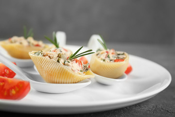 Plate with stuffed pasta, closeup