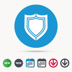 Shield protection icon. Defense equipment symbol. Calendar, download arrow and new tag signs. Colored flat web icons. Vector