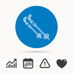 Skiing icon. Ski sticks or poles sign. Winter sport symbol. Calendar, attention sign and growth chart. Button with web icon. Vector