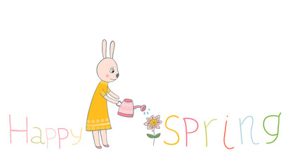 Cute bunny with watering can and flower with Hello spring letters in yellow and pink colors