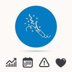 Fototapeta premium Shooting slapstick icon. Celebration sign. Calendar, attention sign and growth chart. Button with web icon. Vector