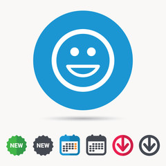 Happy smile icon. Smiley laugh emoticon symbol. Calendar, download arrow and new tag signs. Colored flat web icons. Vector