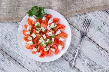 Fresh salad with tomato, mozzarella and herbs.