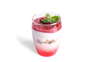 Tasty dessert with yogurt and granola on white background