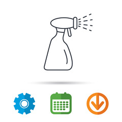 Cleaning spray bottle icon. Washing tool sign. Calendar, cogwheel and download arrow signs. Colored flat web icons. Vector