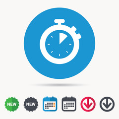 Stopwatch icon. Timer or clock device symbol. Calendar, download arrow and new tag signs. Colored flat web icons. Vector