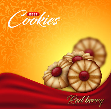 Buttery cookies with red berry jam on floral pattern backdrop. Label, packaging or advertising poster design. Bright orange and yellow biscuit background with wave of red cloth.