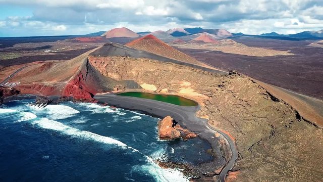 Flying over Volcanic Lake El Golfo, Lanzarote, Canary Islands, Spain