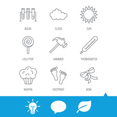 Footprint, lab bulbs and thermometer icons. Muffin, bow and lolly pop linear signs. Cloud and sun flat line icons. Light bulb, speech bubble and leaf web icons. Vector