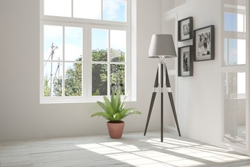 White empty room with green landscape in window. Scandinavian interior design. 3D illustration