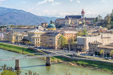 Naklejka premium Salzburg, Austria.Panoramic view of Salzburg with Salzach river during sunny spring day 