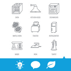 Dishwasher, refrigerator fridge and blender icons. Kitchen hood, mixer and toaster linear signs. Oven, teapot and waffle-iron icons. Light bulb, speech bubble and leaf web icons. Vector