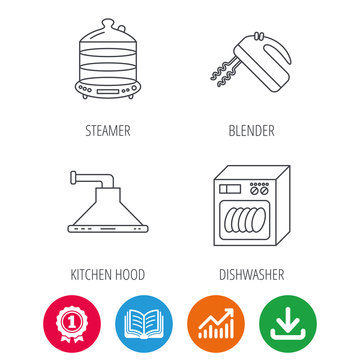 Dishwasher, kitchen hood and mixer icons. Steamer linear sign. Award medal, growth chart and opened book web icons. Download arrow. Vector