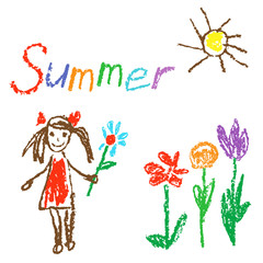 Wax crayon like kid`s drawn summer background with sun, girl, flowers, grass. Like child`s drawn colorful pastel chalk vector design elements with font. Set with like kid`s painting objects.
