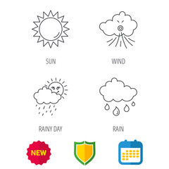 Weather, sun and wind icons. Rainy day linear sign. Shield protection, calendar and new tag web icons. Vector