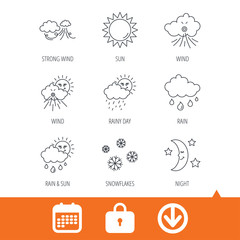 Weather, sun and rain icons. Moon night, clouds linear signs. Strong wind, snowflakes and water drops flat line icons. Download arrow, locker and calendar web icons. Vector