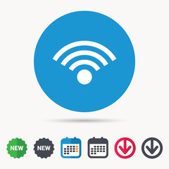 Wifi icon. Wireless internet sign. Communication technology symbol. Calendar, download arrow and new tag signs. Colored flat web icons. Vector