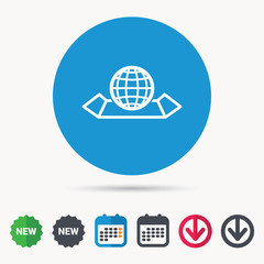 World map icon. Globe sign. Travel location symbol. Calendar, download arrow and new tag signs. Colored flat web icons. Vector