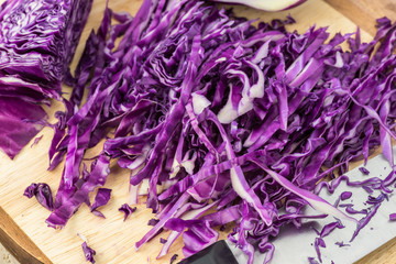 Shredded fresh, purple cabbage.