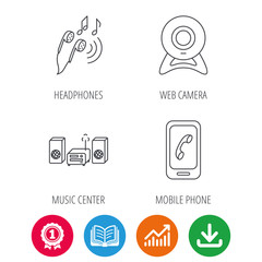Smartphone, web camera and headphones icons. Music center linear sign. Award medal, growth chart and opened book web icons. Download arrow. Vector