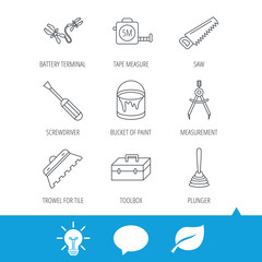 Screwdriver, plunger and repair toolbox icons. Trowel for tile, bucket of paint linear signs. Measurement, battery terminal icons. Light bulb, speech bubble and leaf web icons. Vector