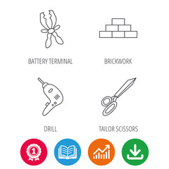 Wall, battery terminals and scissors icons. Drill tool linear sign. Award medal, growth chart and opened book web icons. Download arrow. Vector