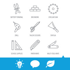 Paper knife, spatula and scissors icons. Circular saw, brickwork and drill tool linear signs. Multi-tool knife, rulers icons. Light bulb, speech bubble and leaf web icons. Vector