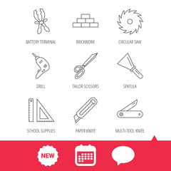 Paper knife, spatula and scissors icons. Circular saw, brickwork and drill tool linear signs. Multi-tool knife, rulers icons. New tag, speech bubble and calendar web icons. Vector