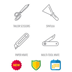 Paper knife, spatula and scissors icons. Multi-tool knife linear sign. Shield protection, calendar and new tag web icons. Vector