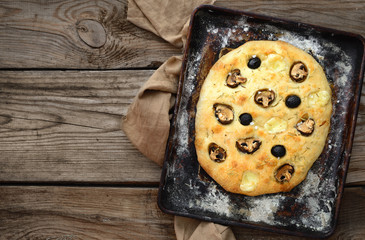 Focaccia, Italian bread with mushrooms