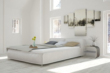 White bedroom with winter landscape in window. Scandinavian interior design. 3D illustration