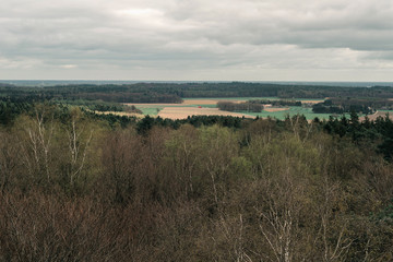 Mixed deciduous and pine forest with farmland and infrastructure. High angle view.