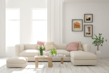 Fototapeta na wymiar White modern room with sofa. Scandinavian interior design. 3D illustration