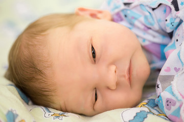 Newborn baby in the arms of mom, dad. Big hands of mother, father and small child
