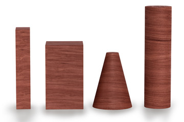 Red color wood 3D rendering of geometric figures with shadows isolated on white.
