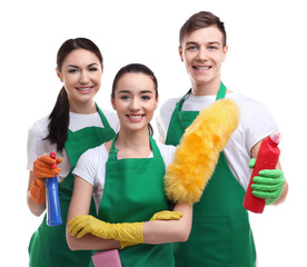 Service team with cleaning tools on white background