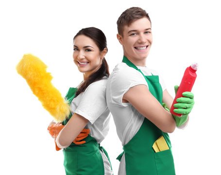 Service Team With Cleaning Tools On White Background