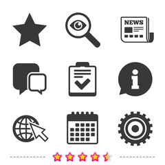 Star and globe signs. Checklist, gear.