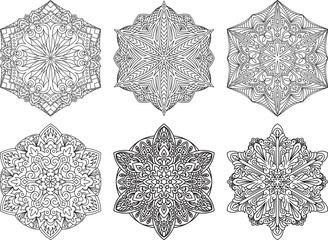 Set of 6 abstract vector black lace designs in mono line style - septangular mandalas, ethnic decorative elements.