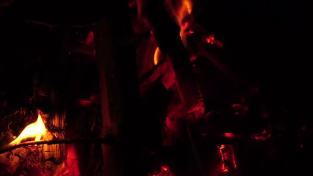 Burning wood. Night fire. Slow motion