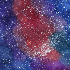 Space Cosmic background. Colorful watercolor galaxy or night sky with stars. Hand drawn cosmos illustration with blobs texture. Black, emerald, violet, green watercolour stains.
