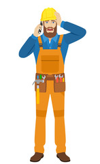 Worker talking on the mobile phone and grabbed his head