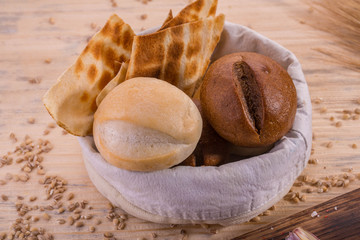 A bread basket with rolls from wheat and rye flour