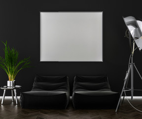Dark interior background, blank picture frame mock