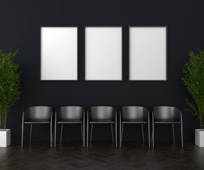 Dark interior background, blank picture frame mock