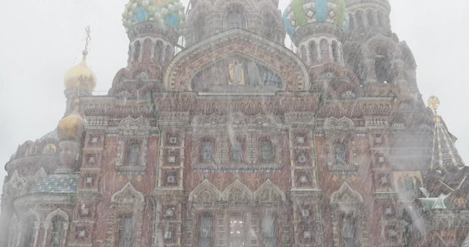 Church of the Savior on Blood during a blizzard, Russia, Saint Petersburg, 4K video, snow, slog