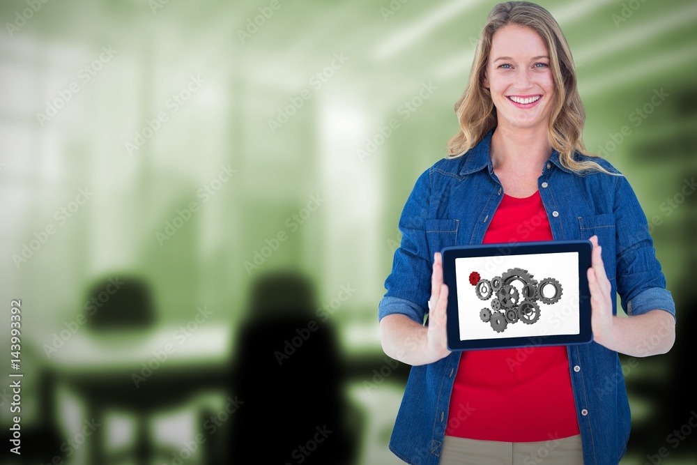 Canvas Prints composite image of smiling woman holding tablet pc